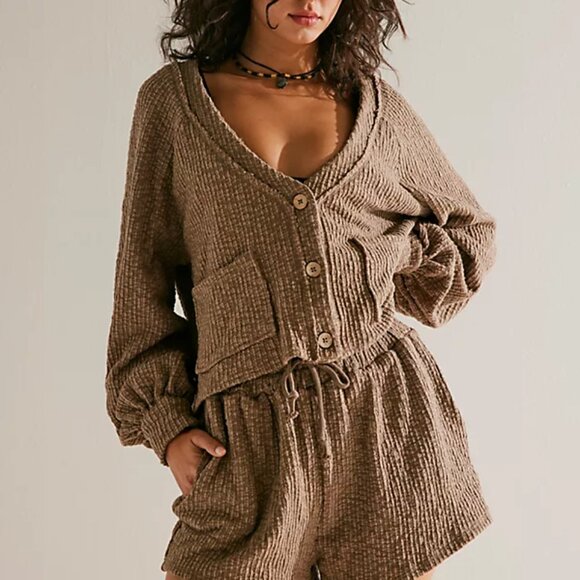 FP Beach Pants - FP Beach Oasis Textured Pull On Drawstring Shorts Brown Small